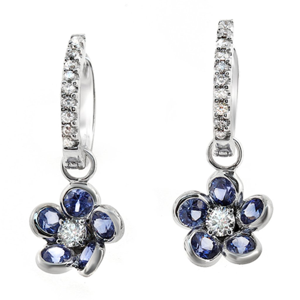 154 Ct Natural Blue Sapphire 043 Ct Diamonds 18k White Gold Flower Earrings